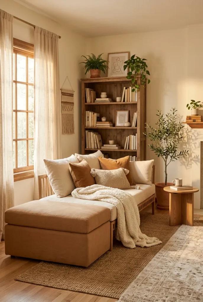 Bench ottoman pushed against a daybed forming a long lounge in a reading nook.