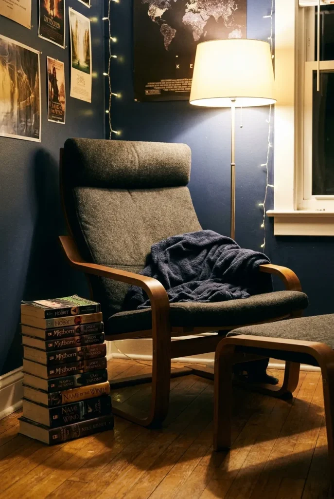 Bentwood armchair with gray cushion set up as a teen reading corner.