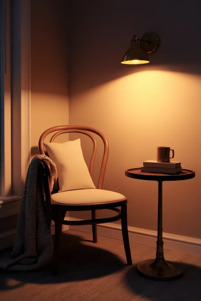 Bentwood reading chair lit by a warm plug-in wall sconce with a side table and stacked books.