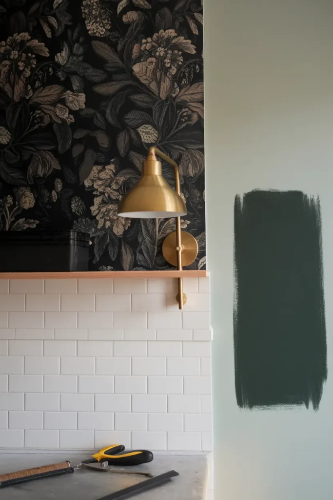 Black moody floral peel-and-stick wallpaper and a brass sconce in a renter dark cottagecore kitchen.