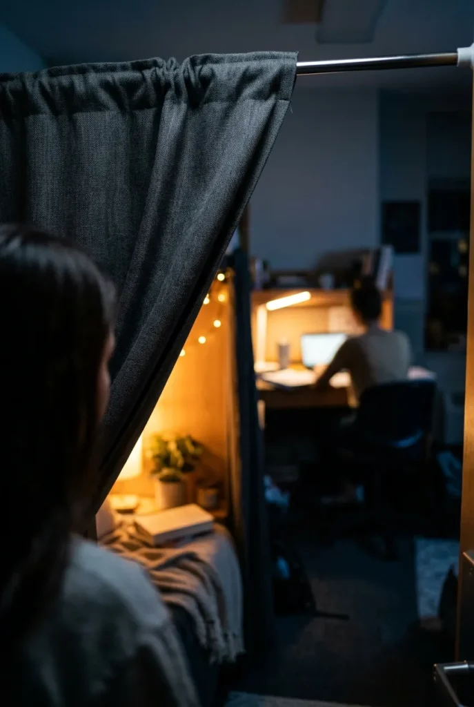 Blackout curtain on a tension rod giving a dorm reading nook privacy from a roommate's light.