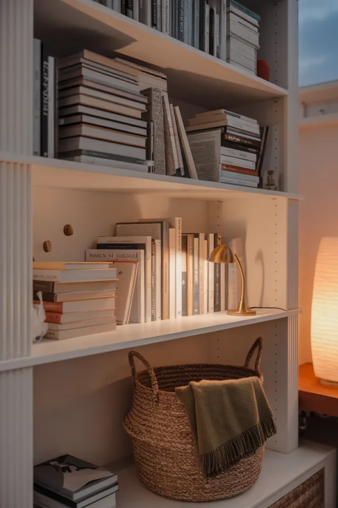 Bookcase shelves in a small rental with stacked books, seagrass basket and a small brass reading lamp