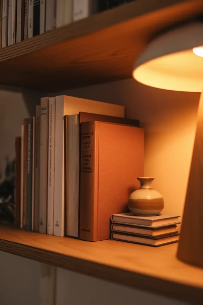 Books arranged vertical and horizontal with one cover faced out on a warm-lit shelf.