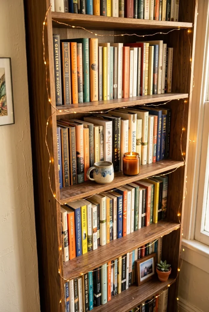 Bookshelf with fairy lights woven along shelf edges making book spines glow.