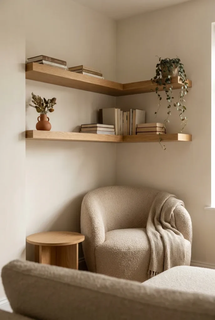 Boucle armchair in a corner framed by two staggered oak floating shelves.