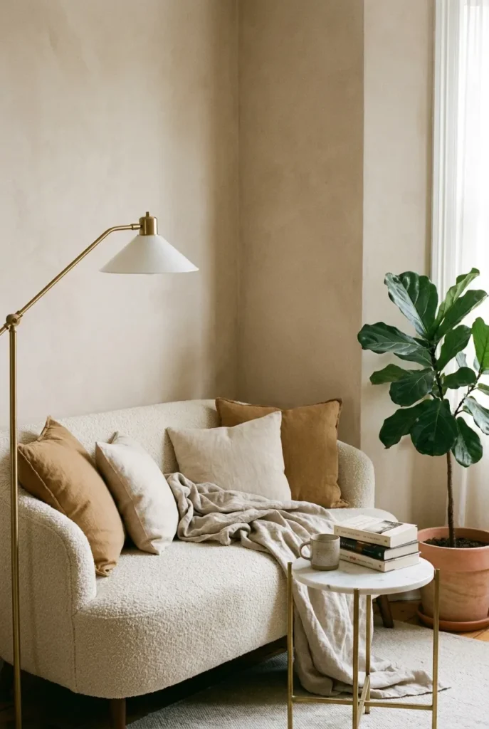 Boucle loveseat reading nook for two with a shared throw, marble side table, and arc floor lamp.