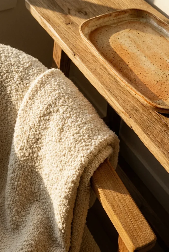 Boucle throw and ceramic tray layered on a wood console for cozy texture.