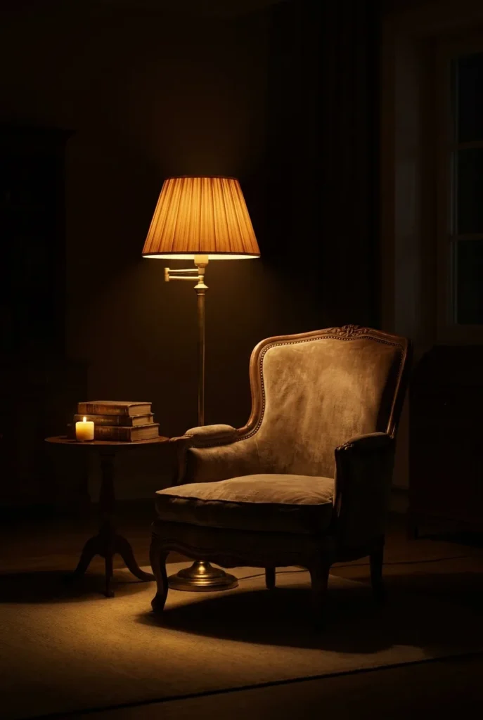 Brass floor lamp casting warm 2700K light over a vintage armchair in a dark reading corner at night.