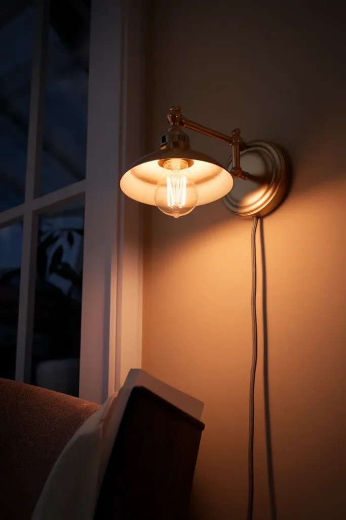 Brass plug-in swing-arm sconce with a warm 2700K bulb lit at night in a studio.