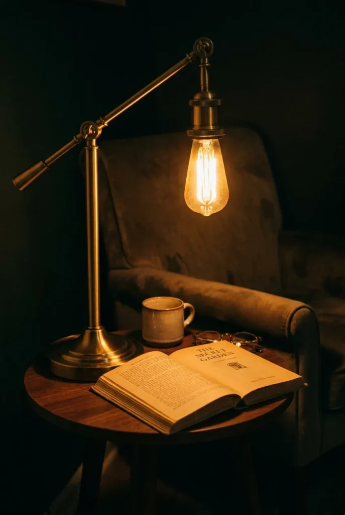 Brass swing-arm lamp glowing warm over an open book at night in a vintage nook.