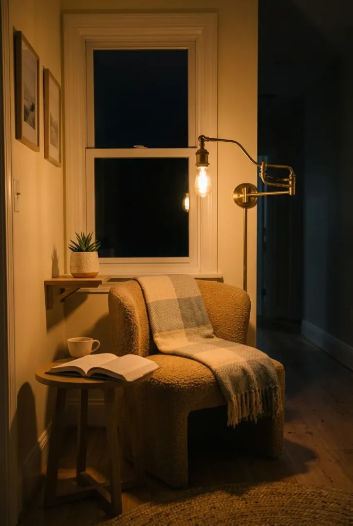 Brass swing-arm lamp with a warm bulb lighting an open book in a hallway reading nook at night.