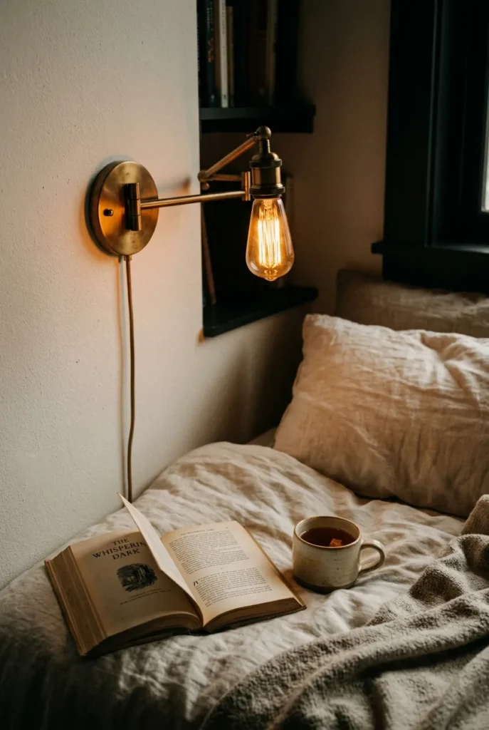 Brass swing-arm sconce with a warm 2700K bulb lighting a daybed reading nook at night.