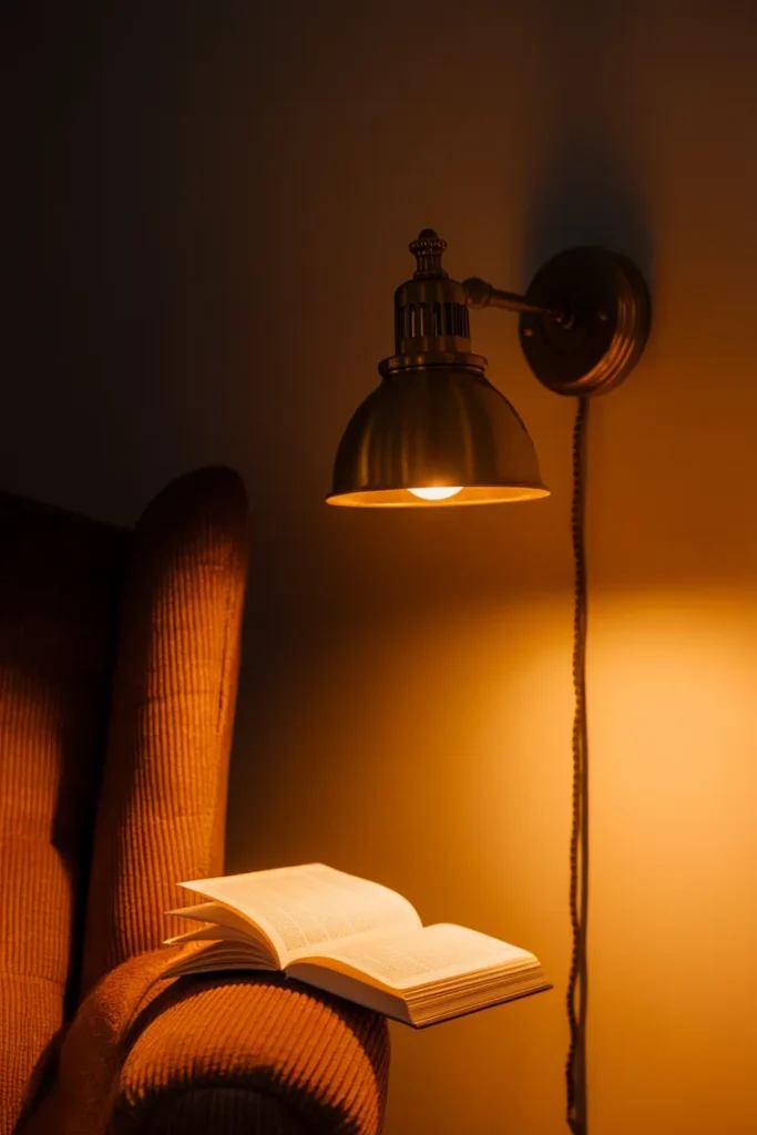 Brass swing-arm sconce with warm 2700K light over an open book at night.