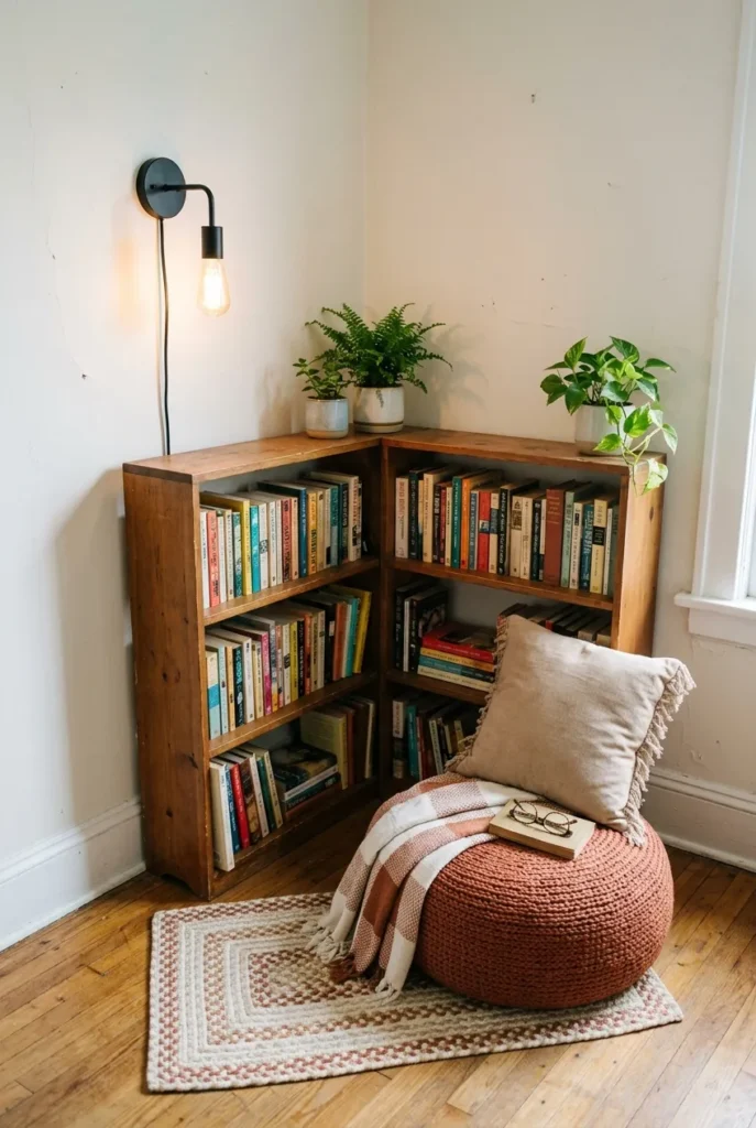 Budget corner reading nook with a secondhand shelf, floor pouf, rug, and plug-in sconce.