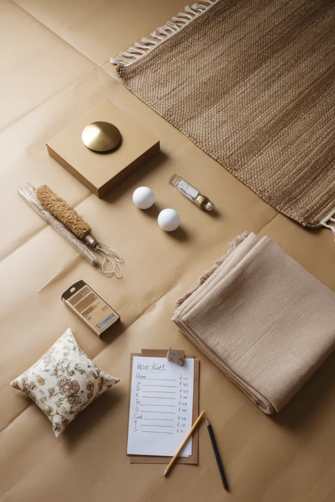 Budget cottagecore living room starter kit laid out flat with a handwritten price list.