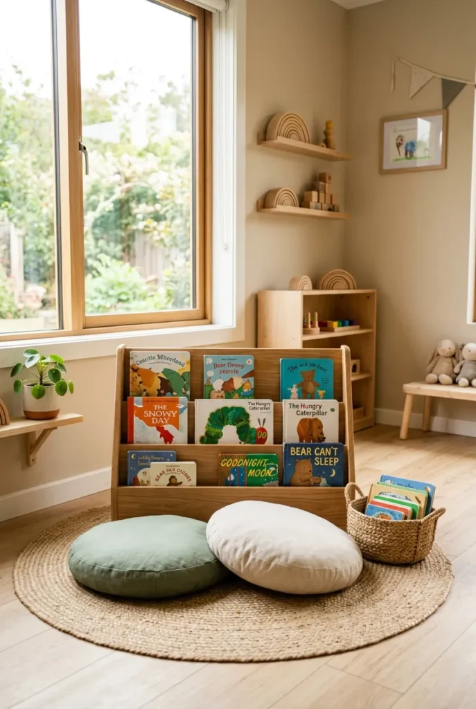 Budget daycare reading corner with front-facing book display, floor cushions, and jute rug.