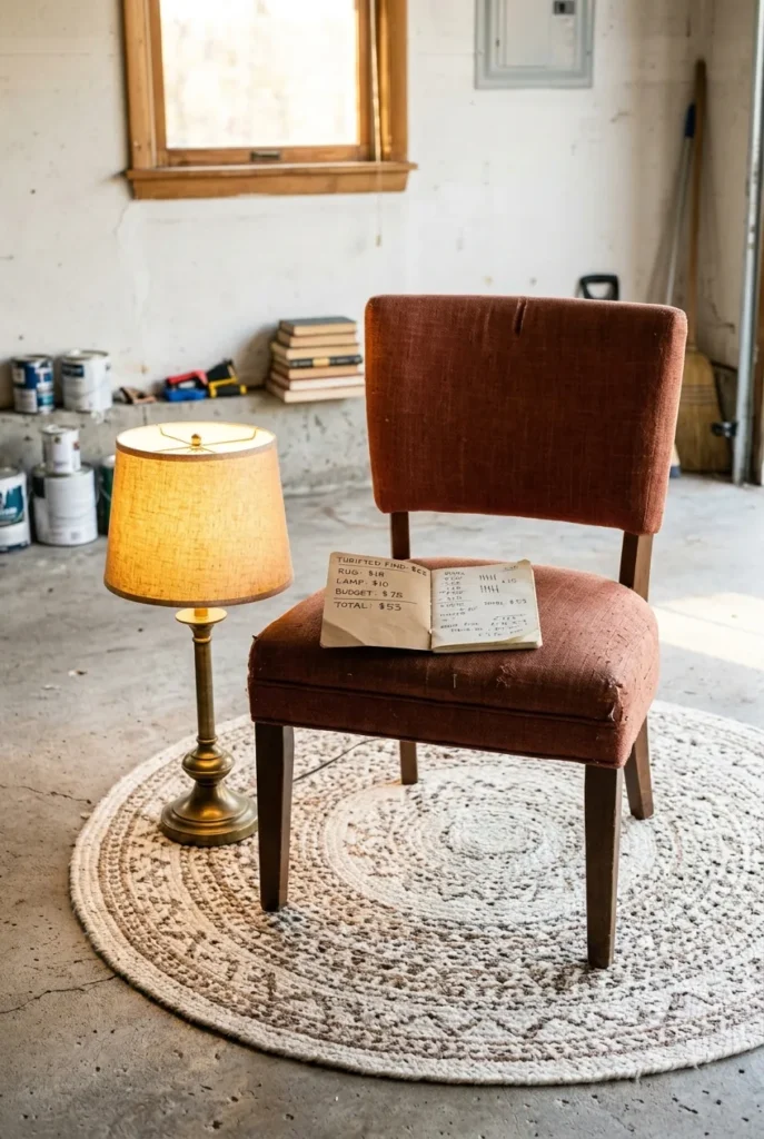 Budget garage reading nook chair, rug, and lamp grouped in a corner.
