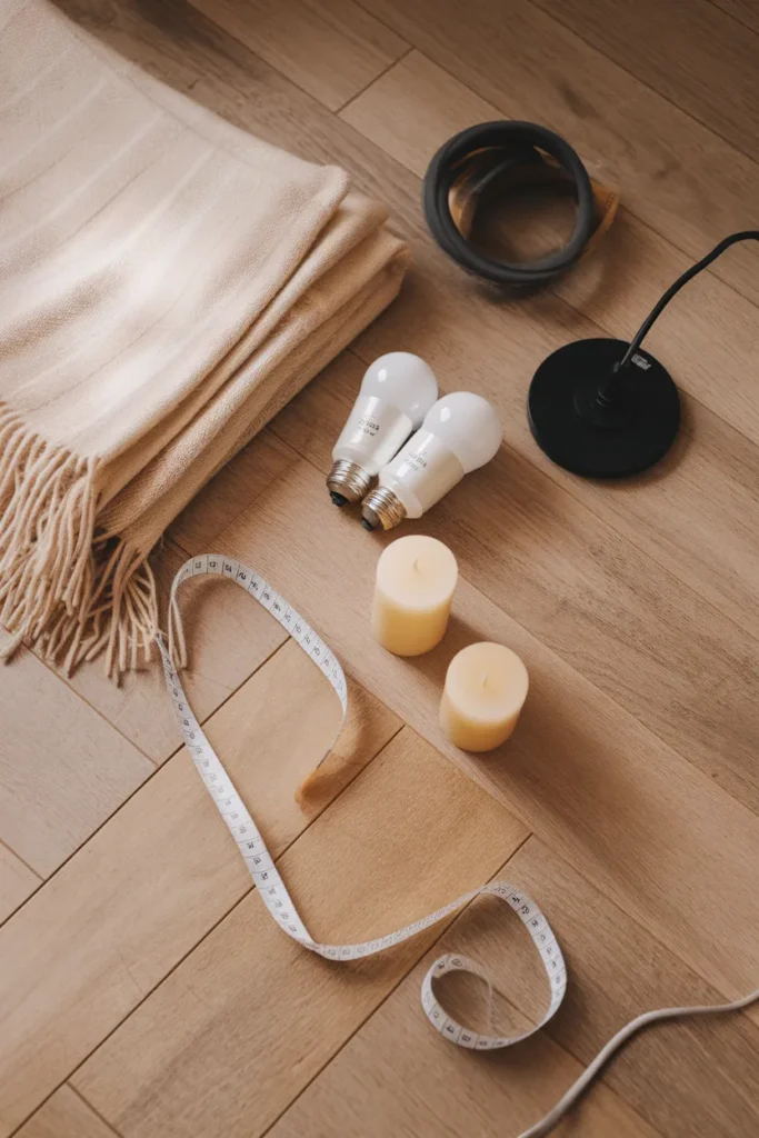 Budget hygge decor haul with throw, warm bulbs, candles, and a plug-in sconce beside a tape measure.