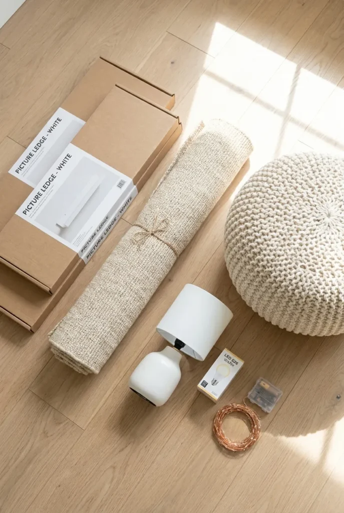 Budget nursery reading nook haul with ledges, rug, pouf, lamp, and fairy lights before setup.