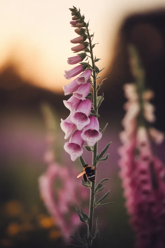 Bumblebee entering a speckled foxglove bell in a cottagecore garden.