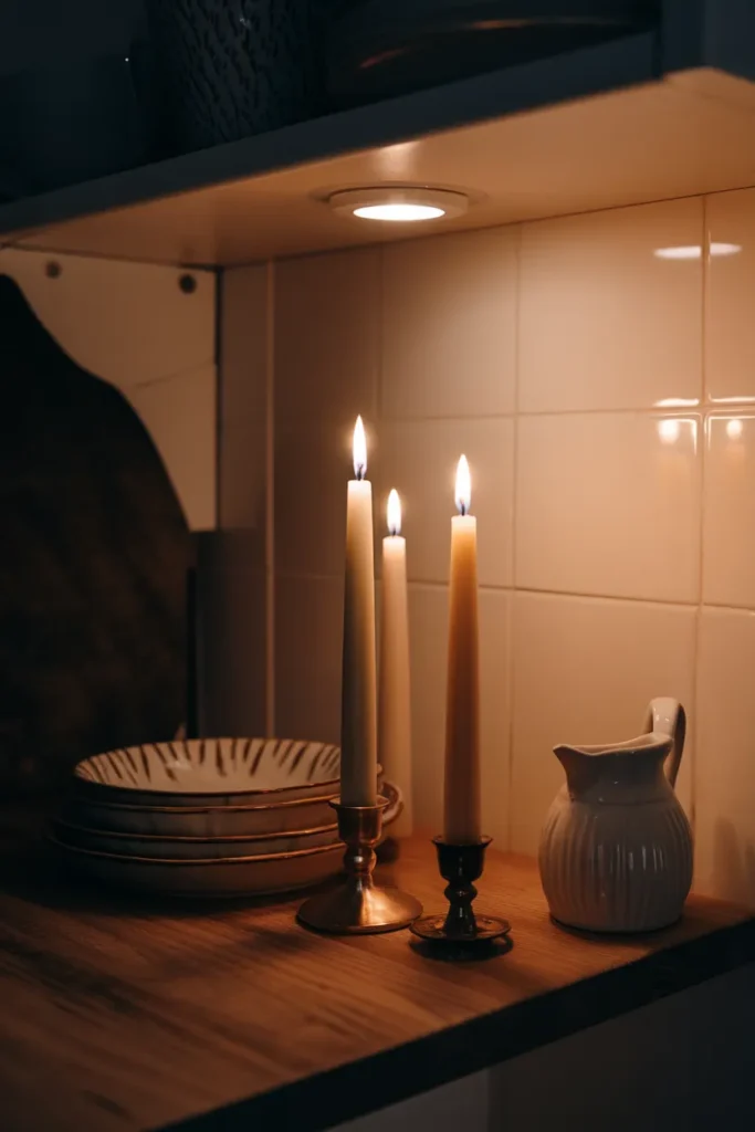 Candlelit cottagecore kitchen shelf at night with taper candles and cream dishes.