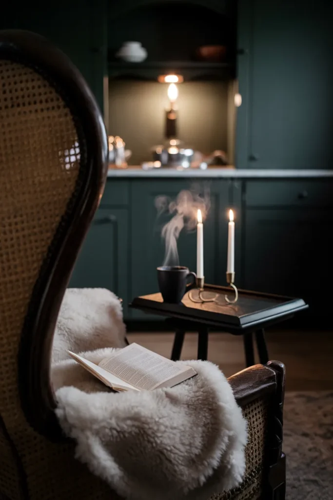 Candlelit reading corner in a dark cottagecore kitchen with an armchair and sheepskin throw.