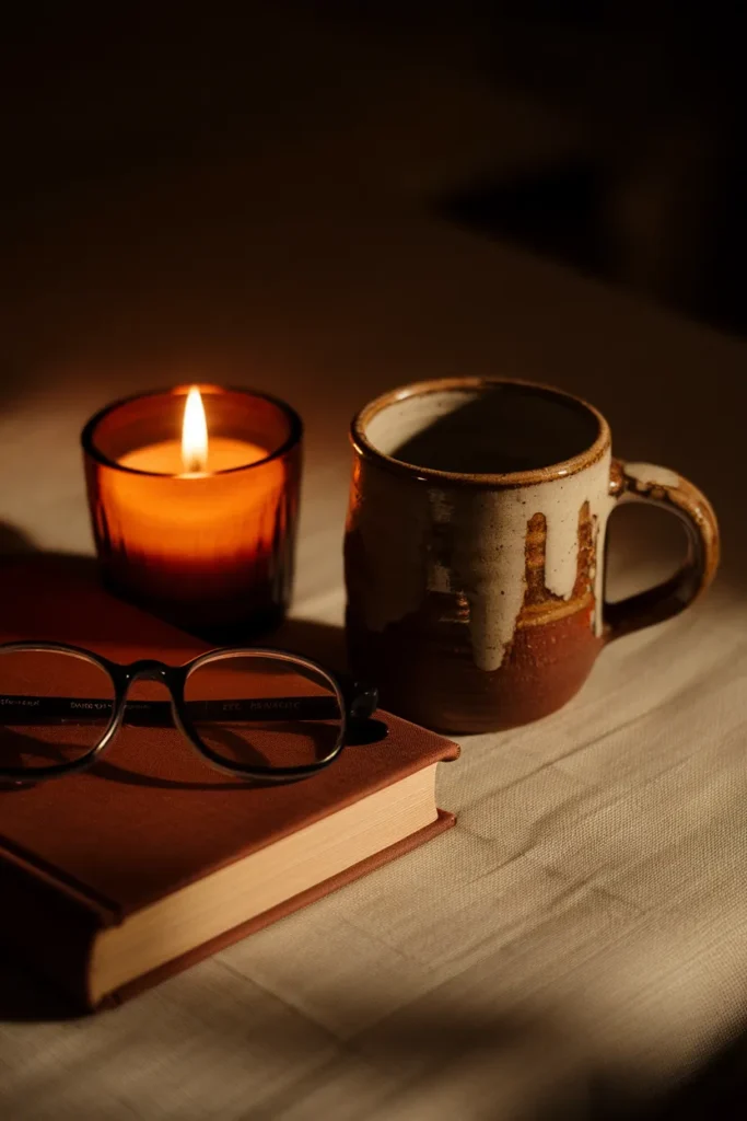 Candlelit side table with mug, reading glasses and book in a cozy corner