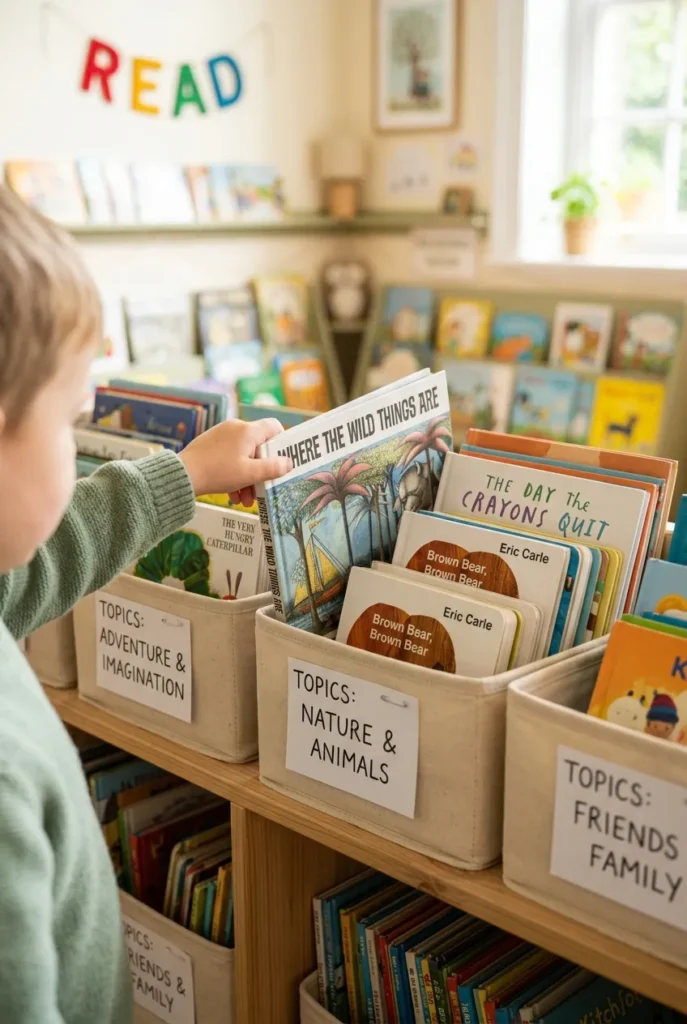 Child reaching for a forward-facing picture book in a labeled topic bin on a classroom shelf.