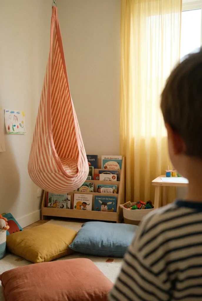 Child's fabric pod swing reading nook with low bookshelf and floor cushions.