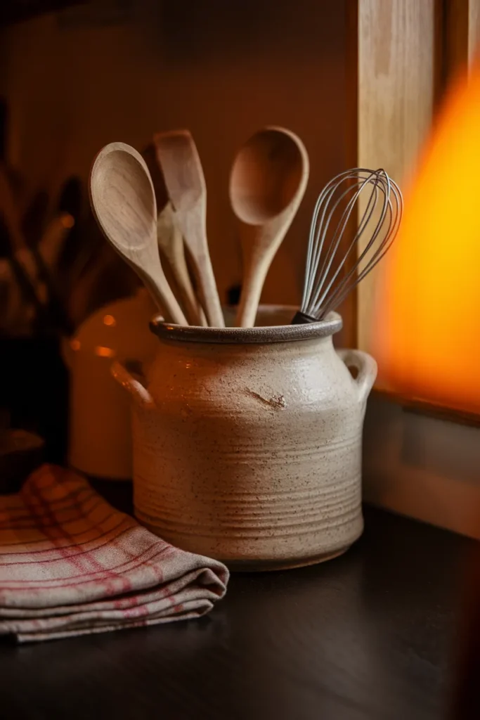 Chipped vintage stoneware crock of wooden spoons on a walnut counter.