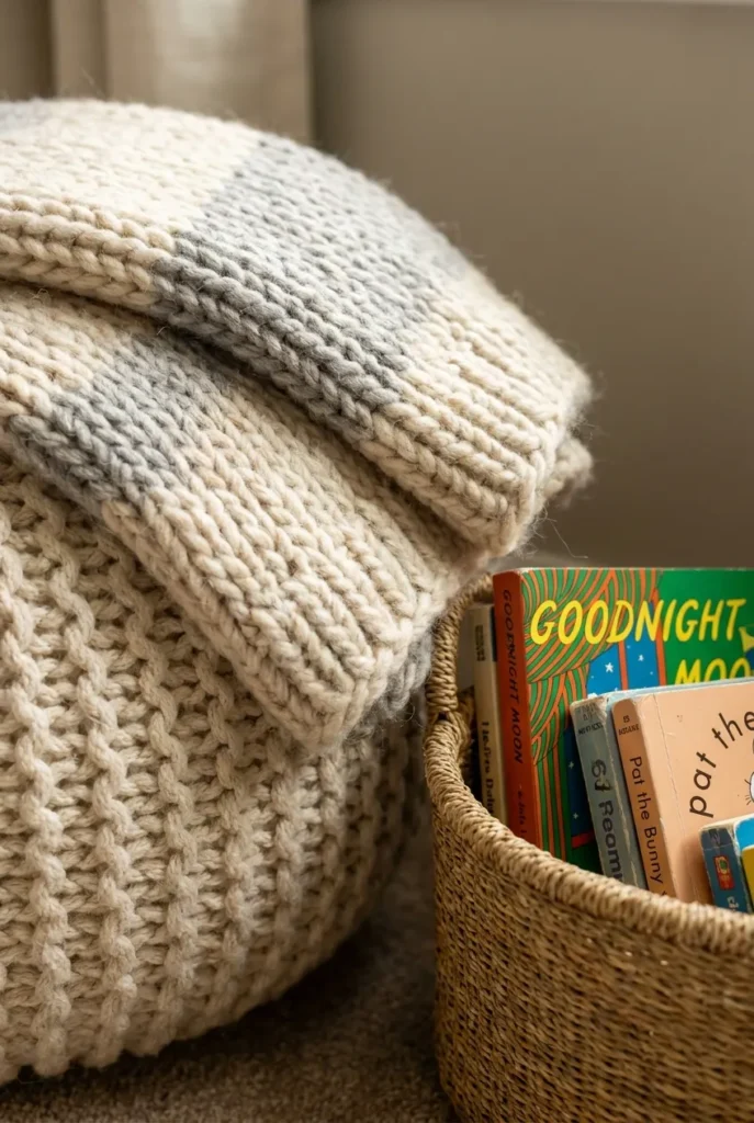 Chunky throw folded over a nursery pouf beside a woven basket of board books.