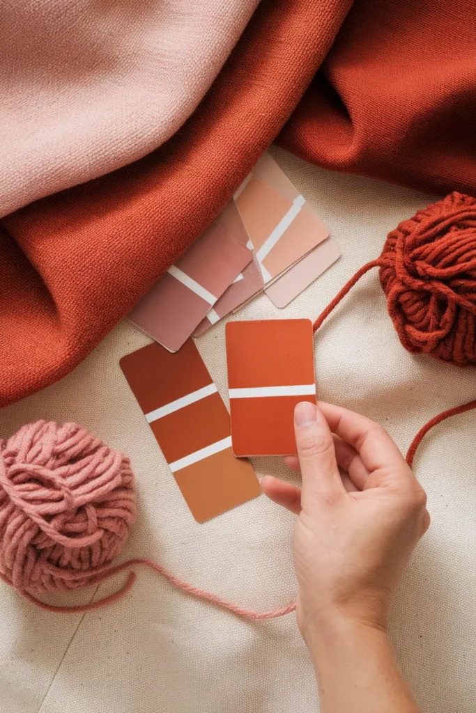 Clay, rust, and burnt sienna terracotta swatches compared by hand on linen.