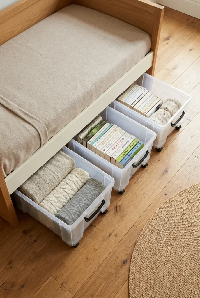 Clear rolling bins with throws and books stored under a daybed reading nook.