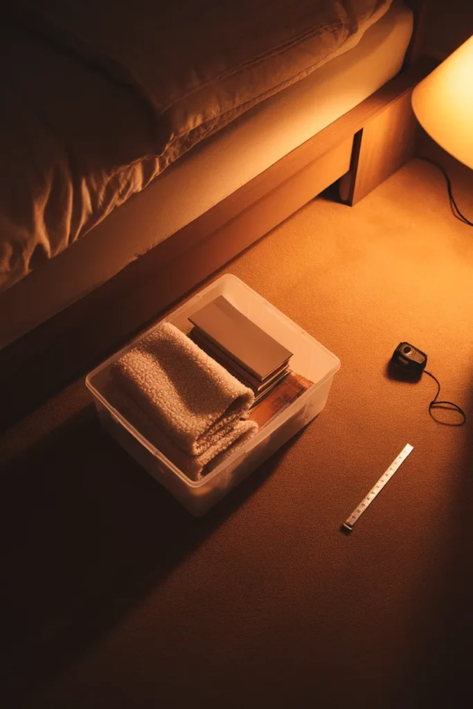 Clear under-bed storage bin pulled out beside a tape measure to check bed frame clearance.