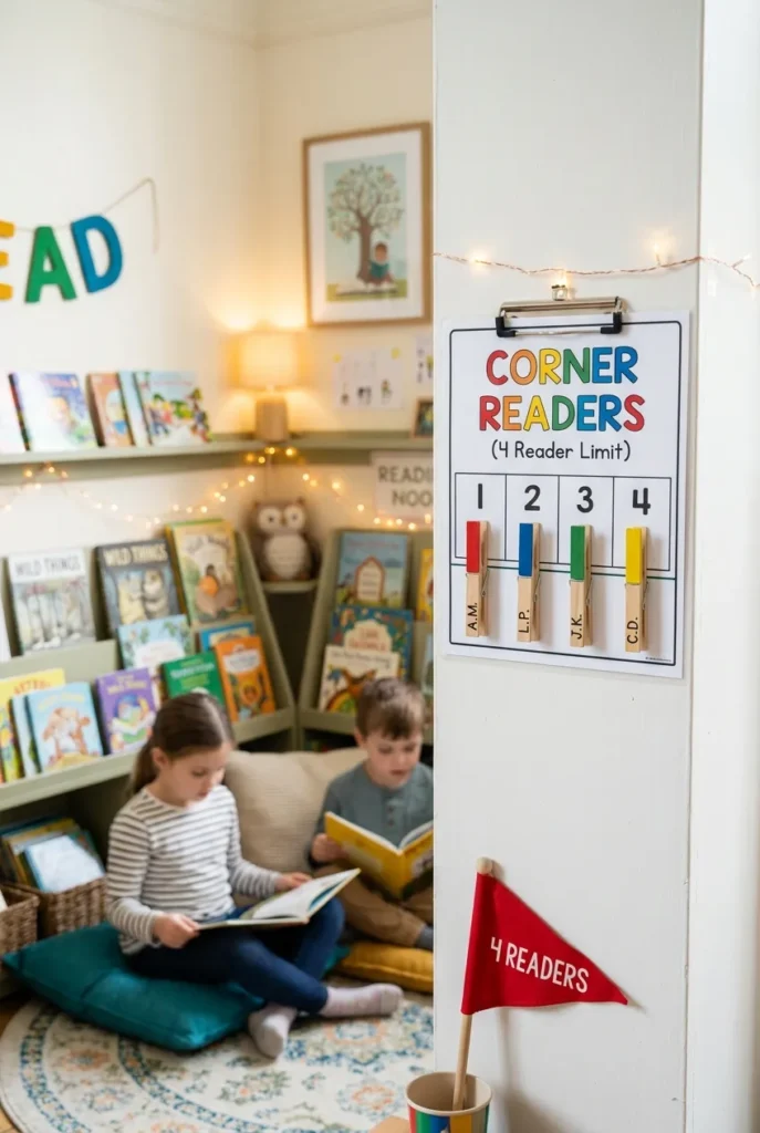 Clip-chart reader-limit sign beside two students reading in a classroom reading corner.