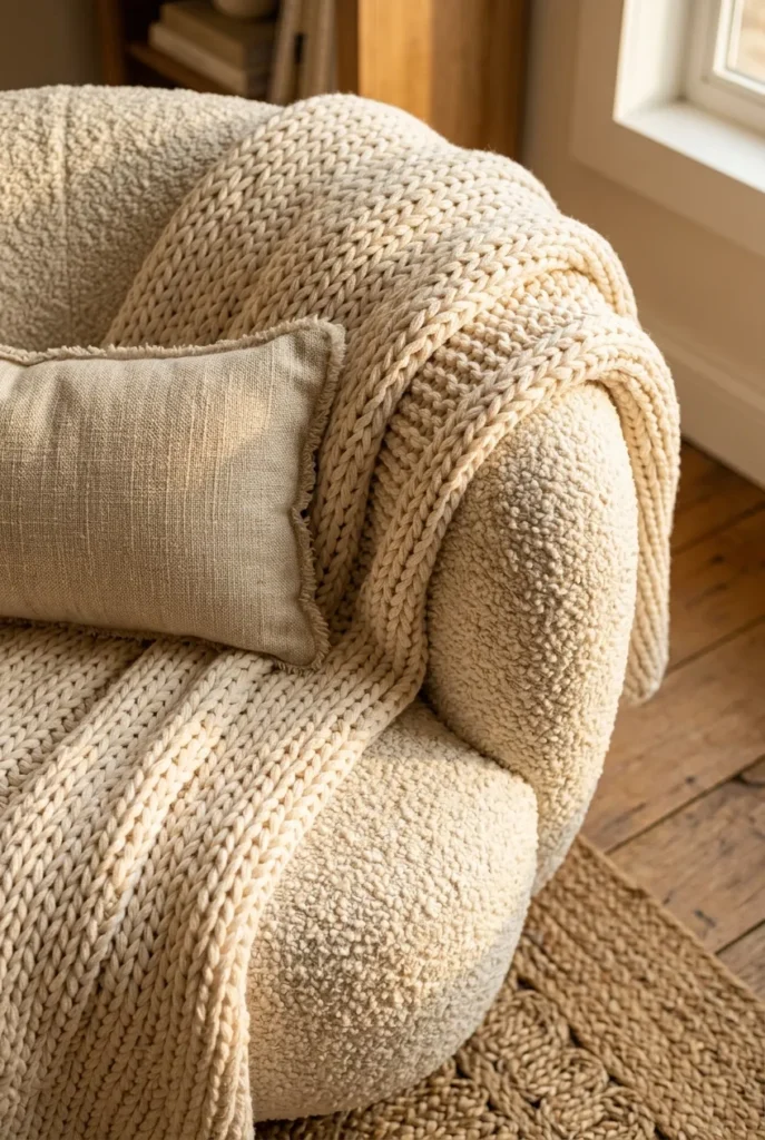 Close-up of a chunky knit throw, boucle chair, and jute rug in a cozy reading nook.