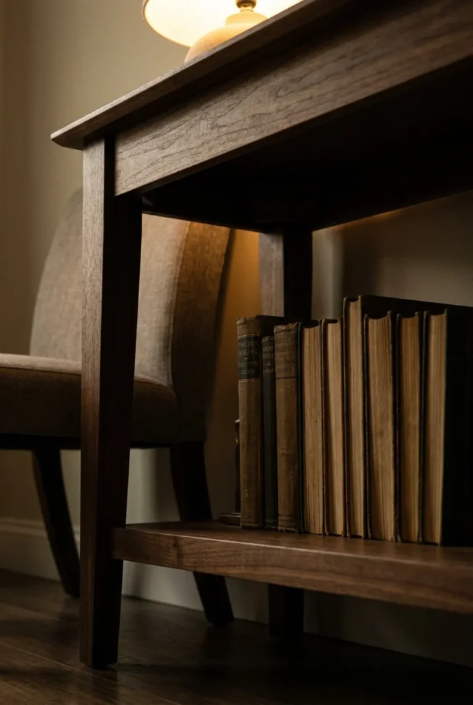 Close-up of a low console shelf with upright books beside a reading chair.