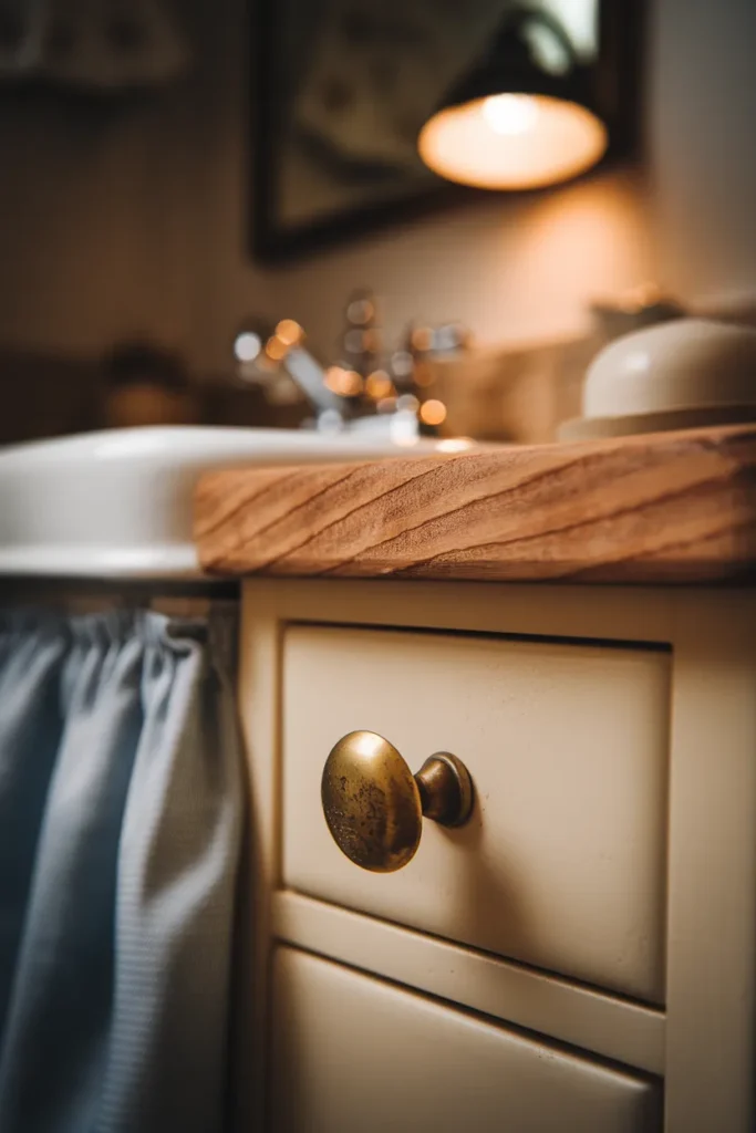 Close up of an aged brass knob on a white vanity drawer with a striped sink skirt behind.