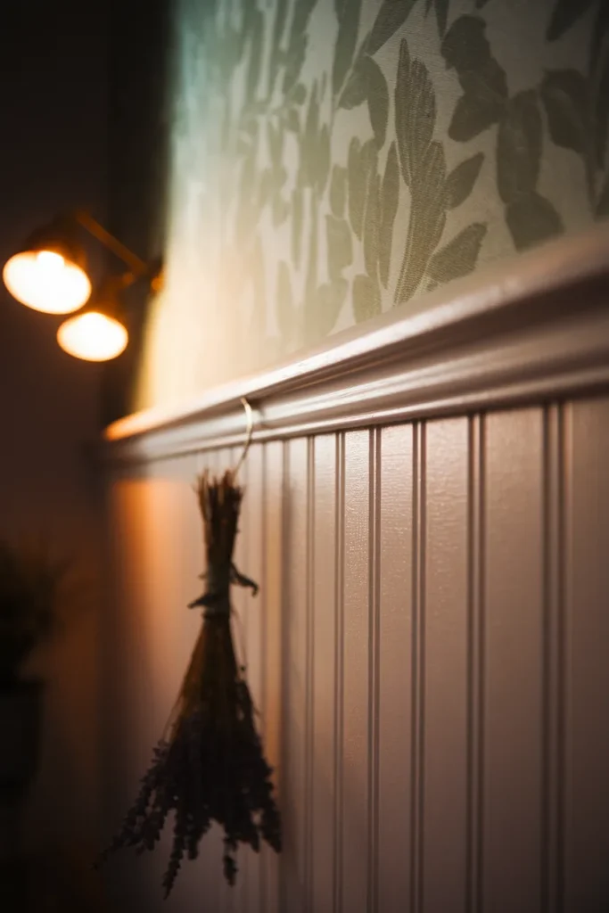 Close-up of beadboard cap rail meeting floral wallpaper with dried lavender on a brass hook