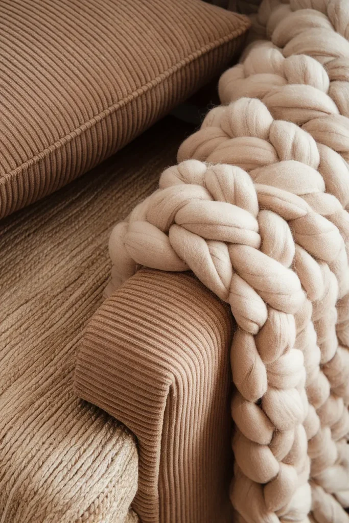 Close-up of chunky wool throw, jute rug edge, and rust corduroy lumbar pillow in raking morning light.