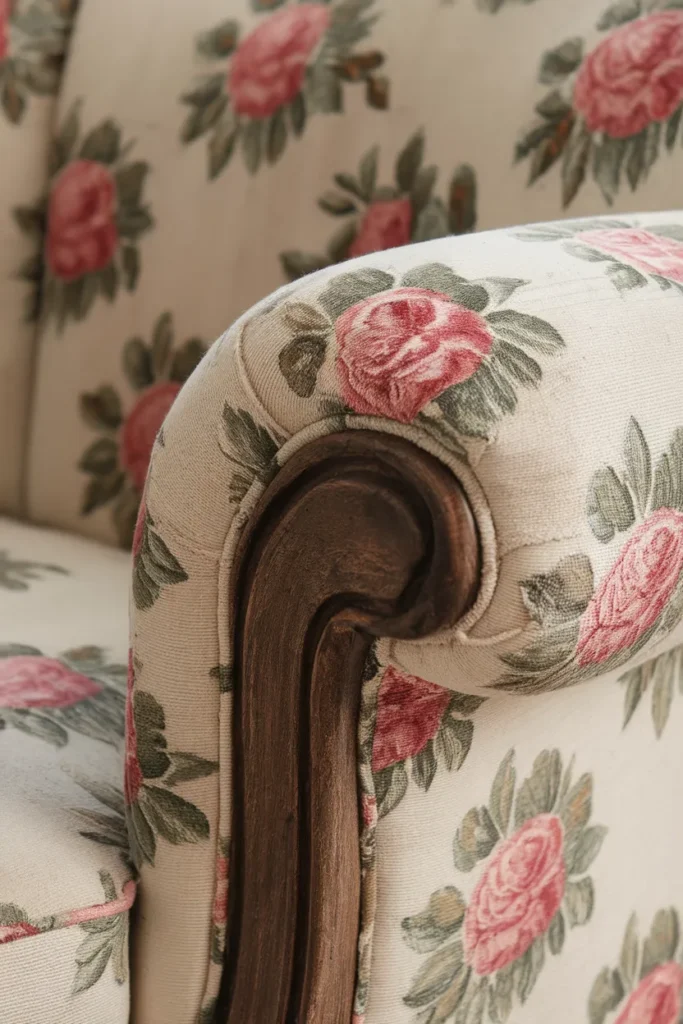 Close up of faded chintz floral upholstery on a vintage cottage living room sofa arm