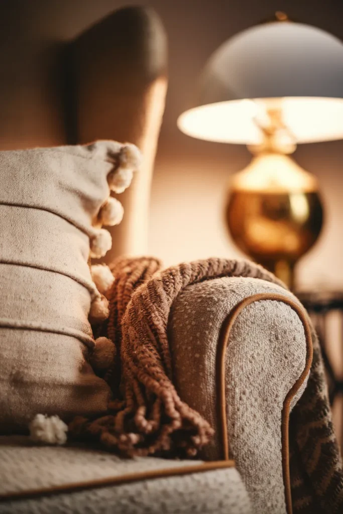 Close up of layered boucle, linen, and wool textures on a cottage armchair