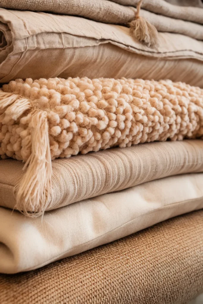 Close-up of layered linen, boucle, sheepskin, and jute textures showing contrast in a neutral palette.