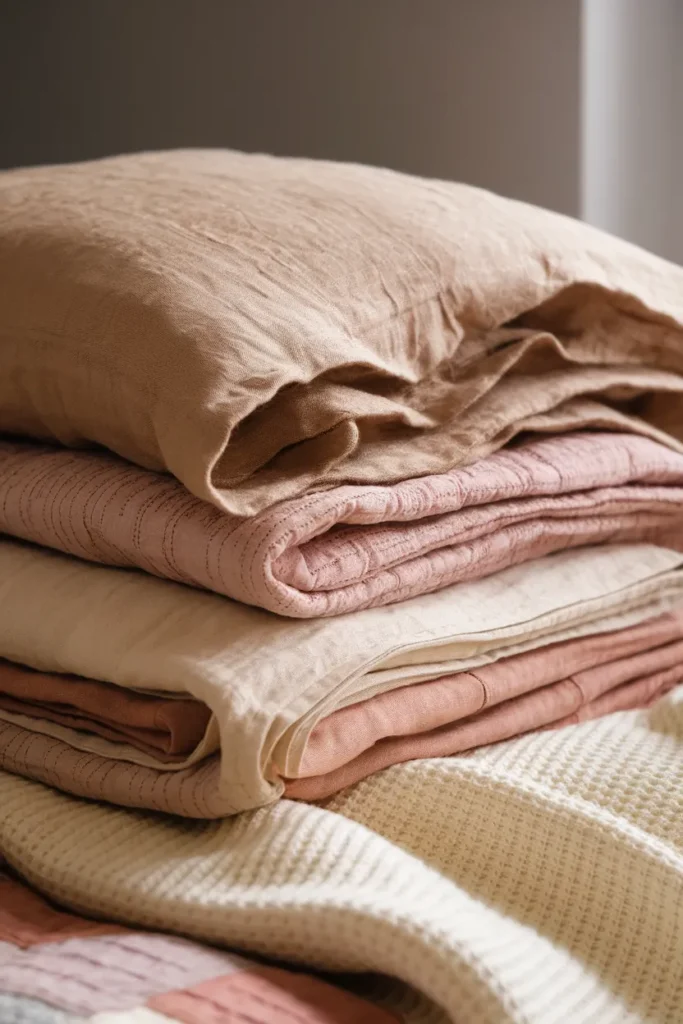Close-up of layered linen, quilt, and knit throw on a cottagecore bed