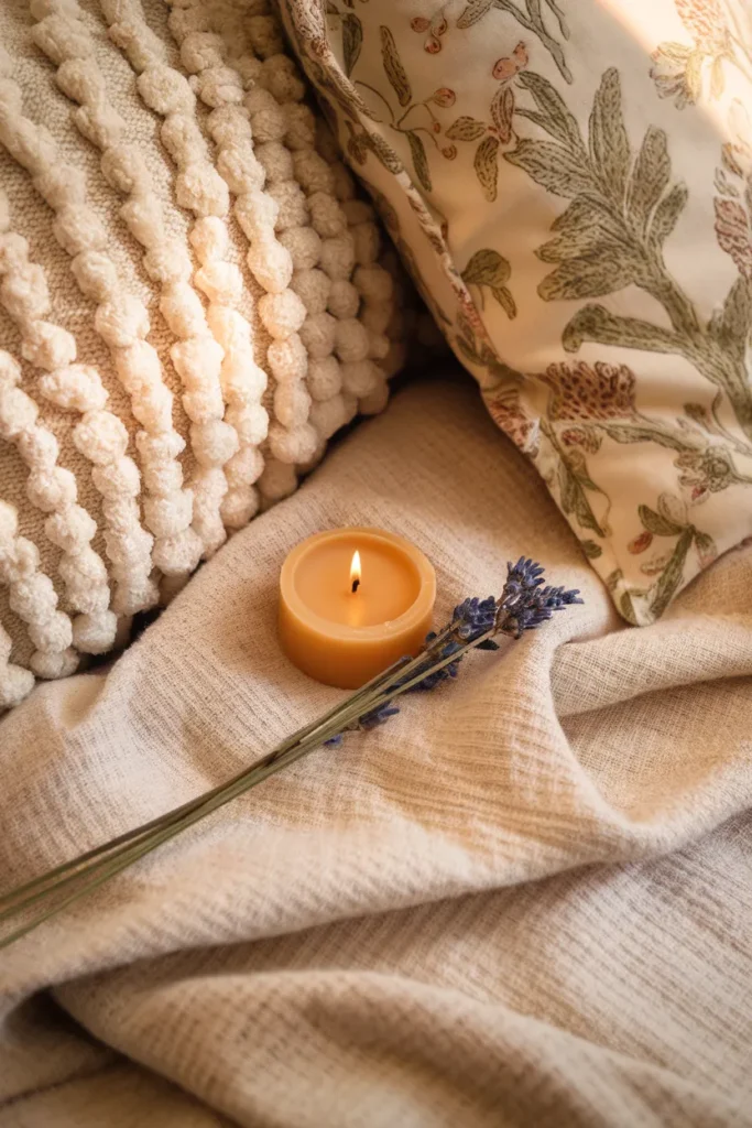 Close-up of linen throw, boucle cushion, and dried lavender in a cozy floral nook.