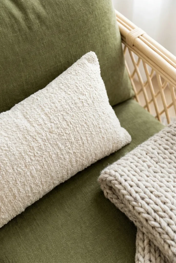 Close-up of olive linen cushion, boucle pillow, and wool throw layered on a green reading nook.