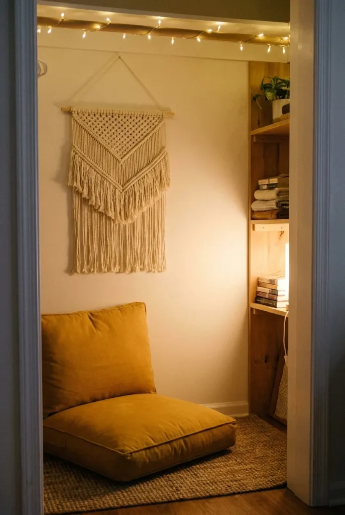 Closet converted to a cozy reading nook with macramé wall hanging and fairy lights.
