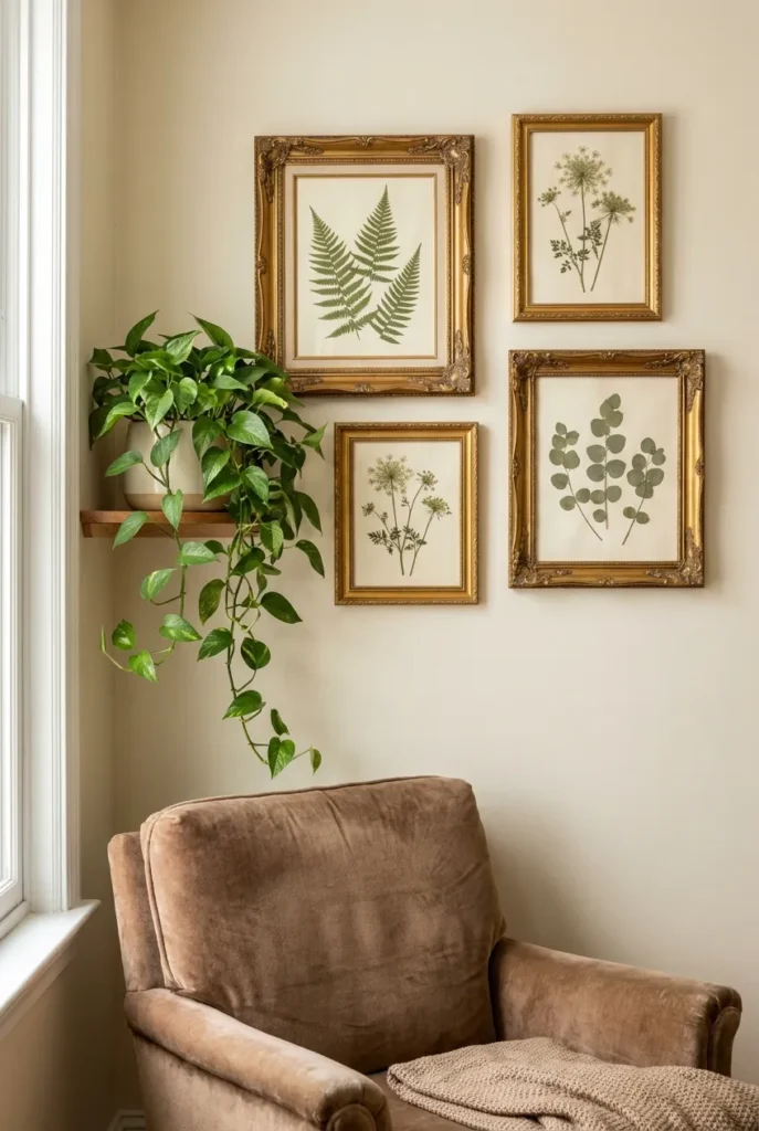 Cluster of gilded vintage frames with botanical prints on a cream wall above a reading nook chair.