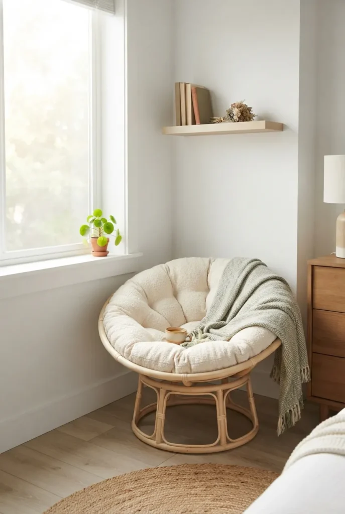 Compact papasan reading nook in a small bedroom corner beside a sunny window.