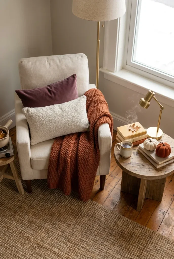 Complete under-$150 fall reading nook refresh seen from a high angle.